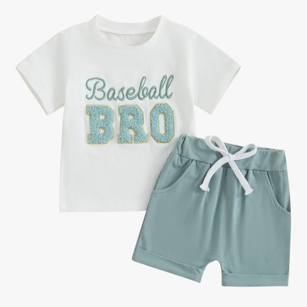 Baseball Bro 2 piece outfit, NWOT, Embroidered Shirt Jogger shorts‎ 18-24